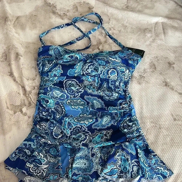 Ralph Lauren BLUE Bandana Paisley Underwire Skirted One-Piece Swimsuit - Picture 9 of 10